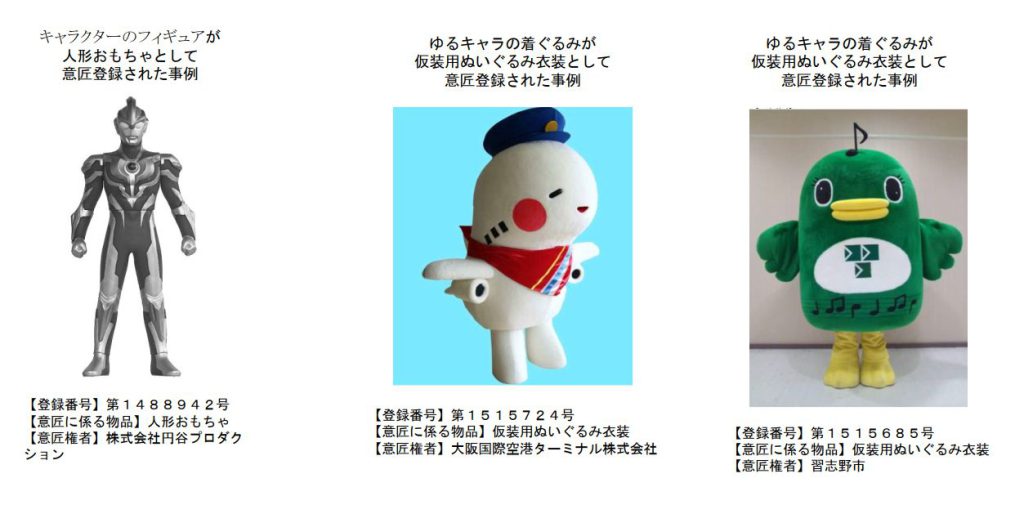 キャラクターのフィギュアが人形おもちゃとして意匠登録された事例（ウルトラマン）。ゆるキャラの着ぐるみが仮装用ぬいぐるみ衣装として意匠登録された事例（大阪国際空港）。ゆるキャラの着ぐるみが仮装用ぬいぐるみ衣装として意匠登録された事例（習志野市）